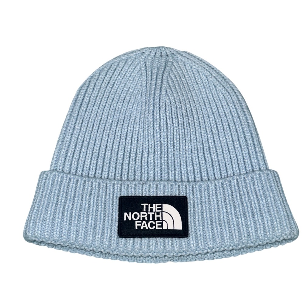 The North Face Salty Dog Beanie Light Blue Ribbed Knit Cuffed Logo Hat Mens